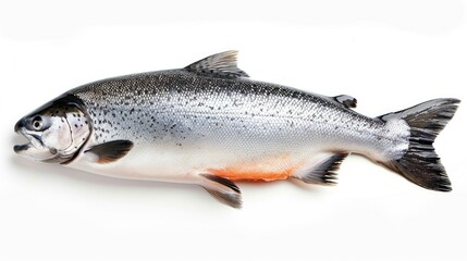 Isolated raw salmon in mid-fall on a white background, highlighting its freshness and detailed scales
