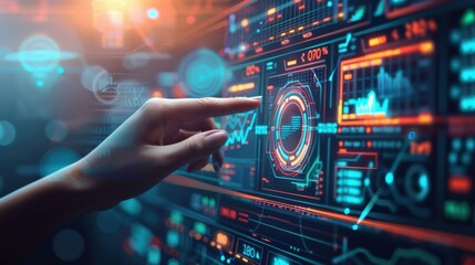 A business intelligence analyst using interactive dashboards to track KPIs, neon blue hues, futuristic, digital illustration