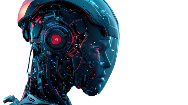 Artificial intelligence Neural network in human image Robot head Isolated element on transparent background Modern technological banner for your projects