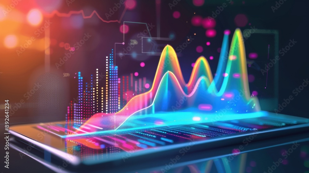 Poster a creative vector representation of financial metrics analysis with colorful blue graphs displayed o