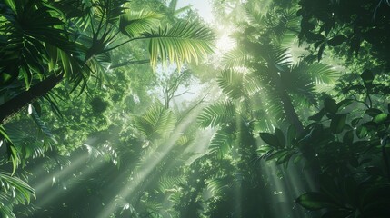 Enchanting View of Sunlit Rainforest Canopy with Detailed Foliage.