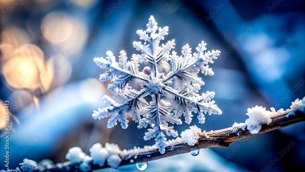Poster frozen in time: a photographic still life of a delicate snowflake on a winter branch generative ai c