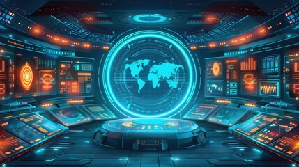 A futuristic workspace with digital screens and holographic solutions floating around. Futuristic, Illustration, Blue and White, Detailed