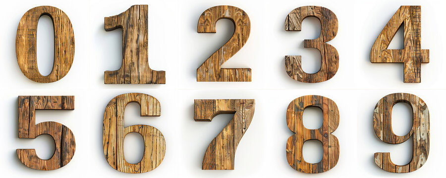 Wooden Number Figures Arranged on White Background