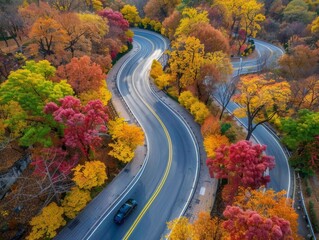 Scenic Aerial View of Serpentine Mountain Road Amidst Autumn Foliage Splendor.