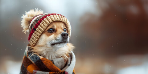 A favourite pet dog, carefully wrapped in a warm hat and scarf, is happy even on a frosty winter day. A life-affirming concept of warmth and care that will warm you up in any frost. With copy space.