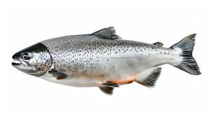 Naklejka premium Raw salmon in free fall against a white background, highlighting its detailed scales and natural color