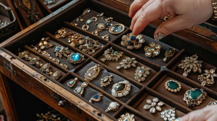 Person opening a jewelry case to reveal a treasure trove of antique brooches.