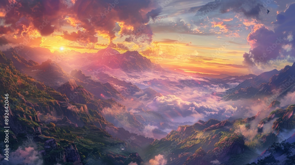 Poster sunrise over rugged mountain terrain with colorful clouds and mist in the valleys below