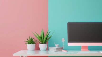 A stylish 3D rendering of a home office setup with a computer, plants, and cozy decor