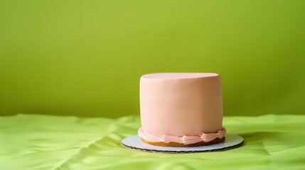 modern cake with a matte finish in blush pink, set against a bright green backdrop with ample copy space