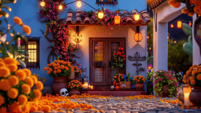 Vibrant exterior of a festive house adorned with marigolds and colorful decorations, creating a warm and inviting atmosphere