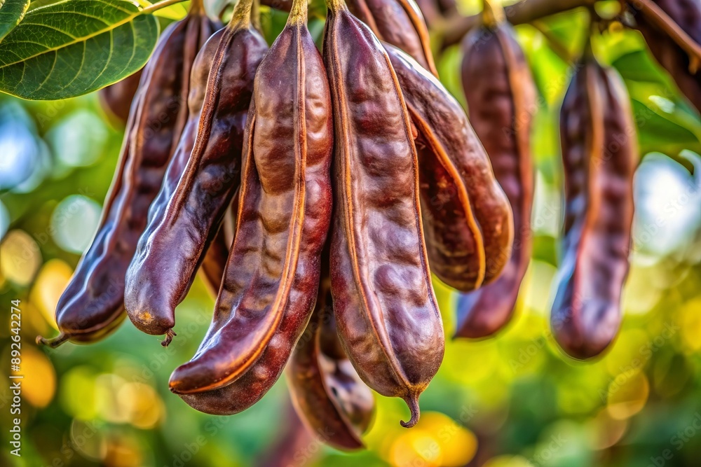 Poster closeup of carob pods hanging from a tree.