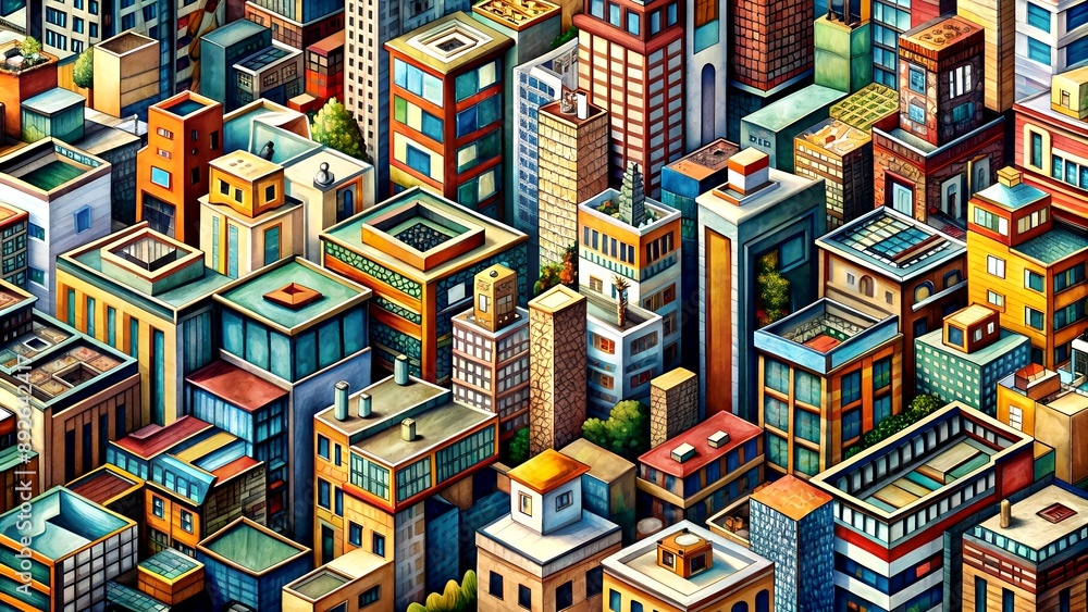 Poster a series of drawings and paintings that explore the geometric patterns and textures found in urban e