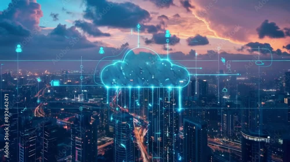 Aufkleber cloud computing over a futuristic cityscape. a stylized cloud computing icon is featured above a nig