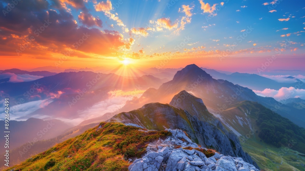 Poster sunrise over rugged mountain terrain with colorful clouds and mist in the valleys below