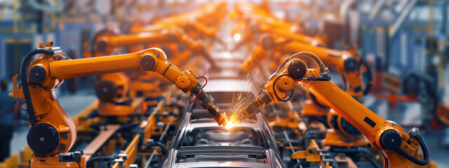 car production, welding with robots