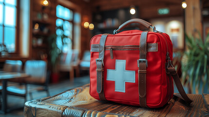 Red first aid kit resting on wooden table in cozy interior, showcasing emergency preparedness. Concept of healthcare, safety, and medical readiness.