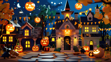 Festive Halloween scene featuring glowing jack-o'-lanterns, decorated houses, and autumn foliage under a night sky