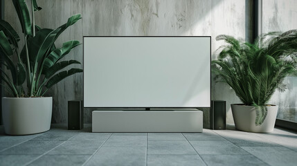 Modern Living Room Interior With Large Television and Plants