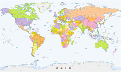 Detailed political physical world map Japanese language labeled 