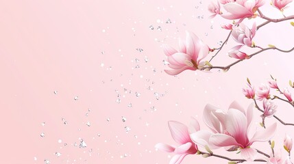 A close-up image of pink magnolia blossoms with a white background and scattered diamonds