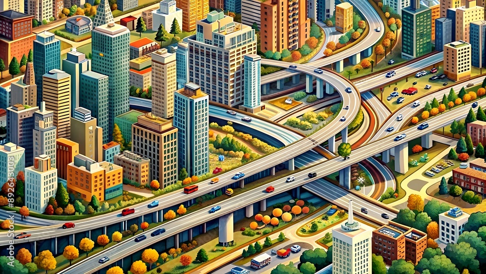 Poster the urban tapestry: an intricate illustration depicting the complex network of roads, buildings, and