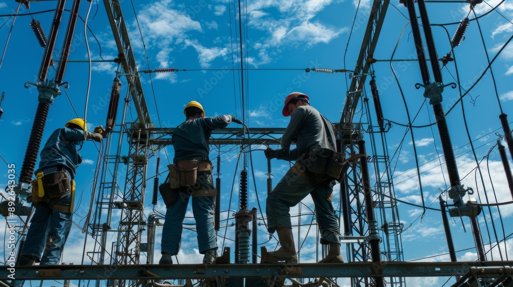 Poster workers installing new equipment at a power plant, emphasizing the importance of modernization and e
