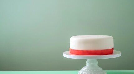 modern white cake with a single vibrant red stripe, presented against a pale green backdrop with ample copy space