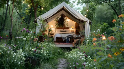 Camp tent on green grass forest with beautiful flower on view nature. 