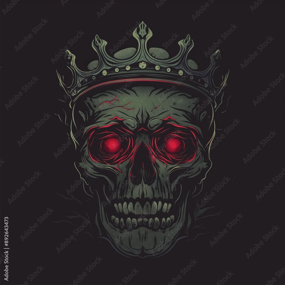 Wall mural drawing of a skull with a crown on its head with glowing eyes on a black background