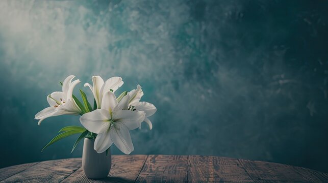 A cluster of white lilies arranged on a black wooden surface. The lilies are in focus and the background is blurred.