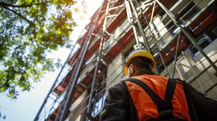 Safety inspector checking fire escape routes in a high-rise building.