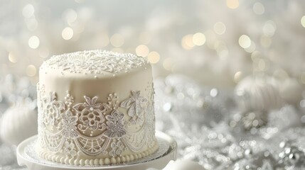 Fototapeta premium pure white cake with delicate, edible lace patterns in silver, set against a backdrop of soft, sparkling silver snowflakes