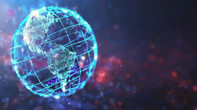 Digital Globe with Abstract Network. A 3D rendering of a digital globe with a blue and red light effect and glowing lines. Seamless looping video background animation. Generated with AI