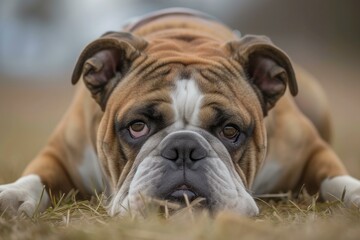 Obraz premium Close-up of a calm bulldog resting outdoors with a soft-focused background