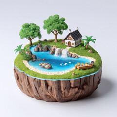 3D Isometric illustration of an village with houses, trees, paths and a river on white background