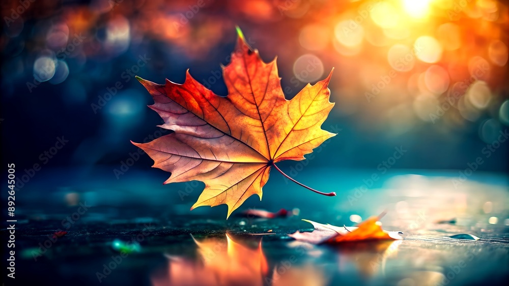 Poster the dance of the leaves: a realistic illustration of a falling autumn leaf with vibrant colors and d