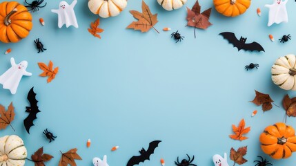Halloween decorations with pumpkins, ghosts, bats, spiders, and autumn leaves on a light blue background. Festive and playful Halloween scene.