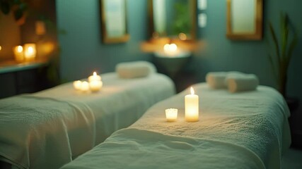 A serene couples massage room with dual massage tables and flickering candles perfect for a romantic spa experience.