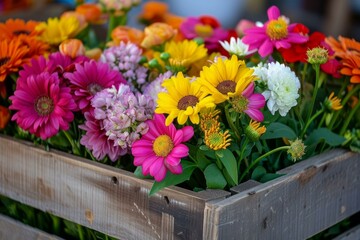 Fototapeta premium Vibrant selection of various fresh flowers arranged beautifully in a rustic wooden box