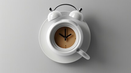 alarm clock with coffee cup on white background