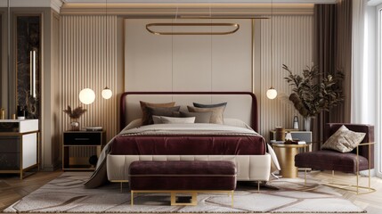 Stylish and modern bedroom in beige and maroon with brass accent decor and trendy minimalist design elements for an elegant look.
