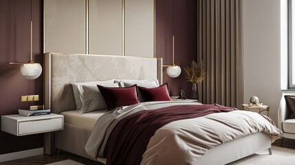 Stylish minimalist bedroom in beige and burgundy with brass accents, showcasing contemporary decor and a sleek aesthetic.