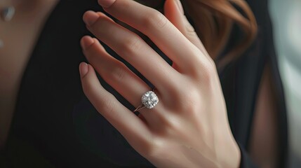 Woman's hand with a diamond ring on her ring finger, perfect for corporate greeting cards and posters