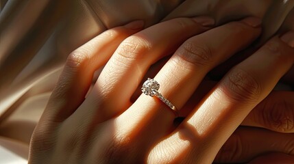 Woman's hand with a diamond ring on her ring finger, perfect for corporate greeting cards and posters