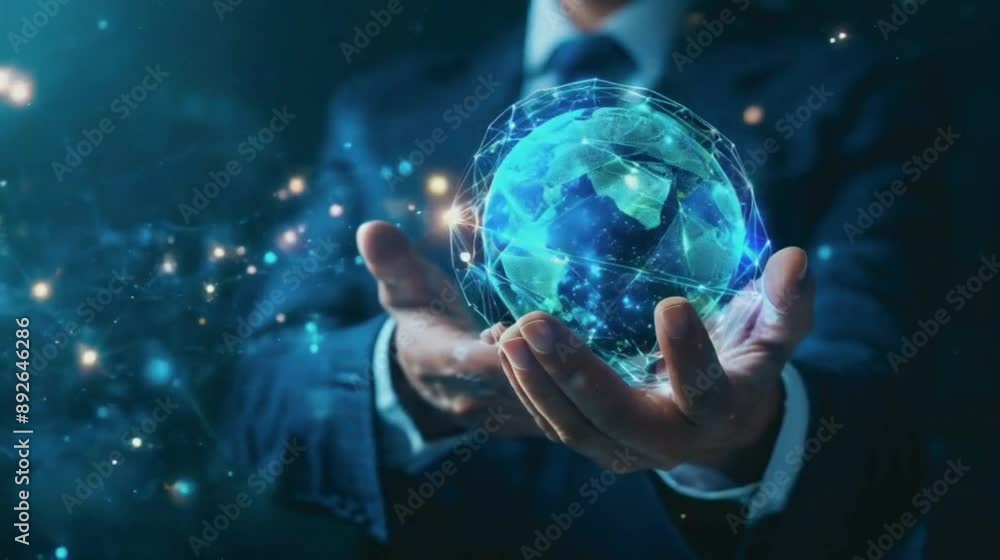 Poster global network in hand. a businessman holds a glowing, digital globe representing interconnectedness