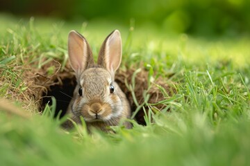 Fototapeta premium Cute young rabbit emerges from its burrow surrounded by lush green grass