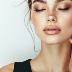 Fototapeta premium A woman in a half-body view, with visible arms, creating a subtle smokey eye look with soft, smudged eyeliner and neutral shadows