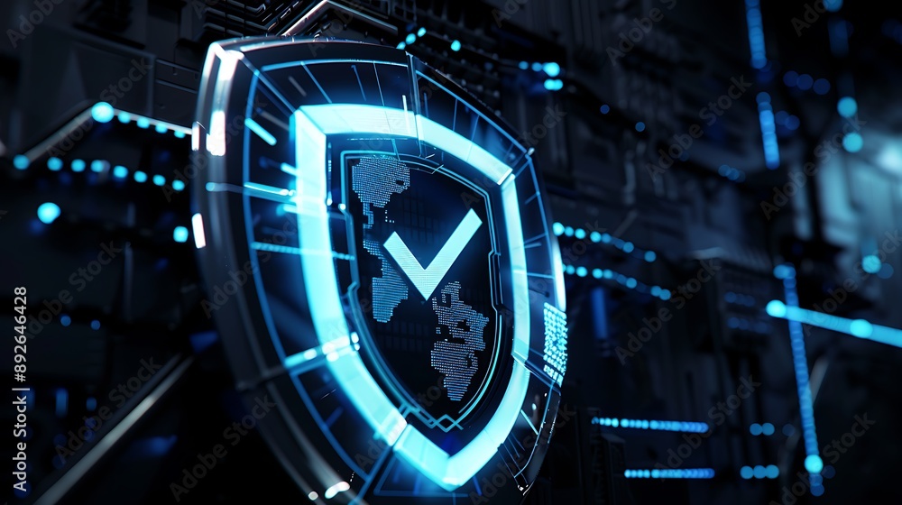 Poster shield with tickmark 3d rendering minimal wallpaper, background with big copy space